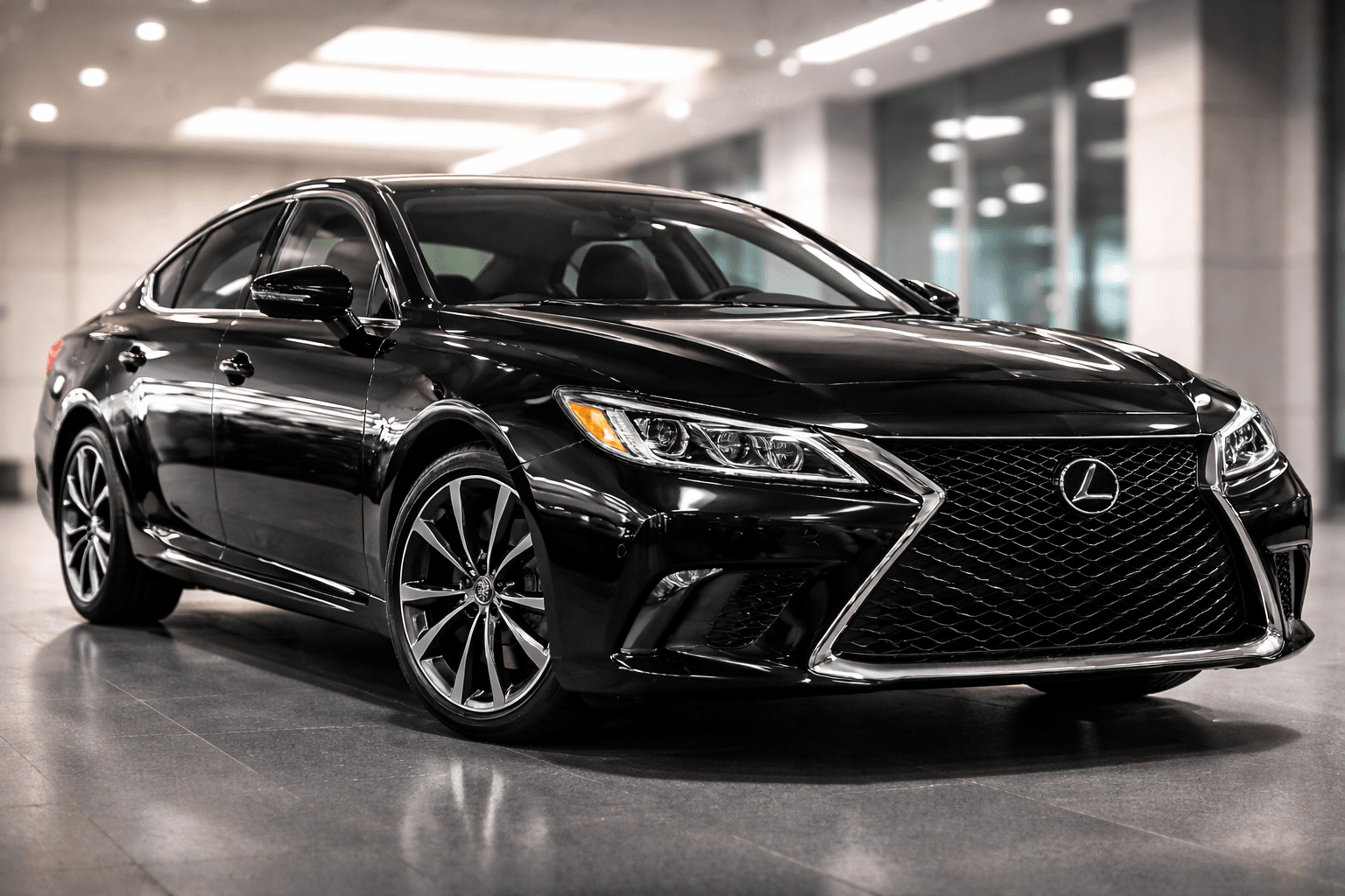 Luxury black sedan in a showroom, freshly detailed with a flawless exterior.