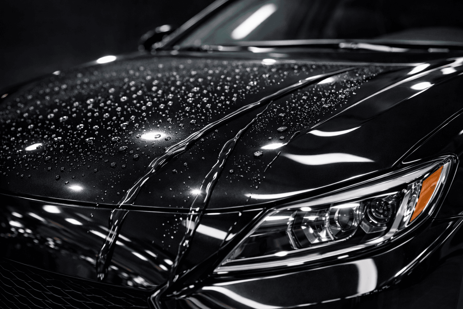 Water beading and sheeting off a slick, freshly corrected black car hood.
