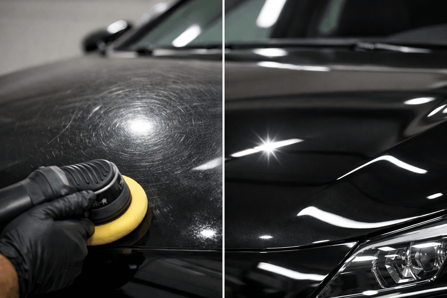 Before and after image of a car hood showing swirl marks removed through paint