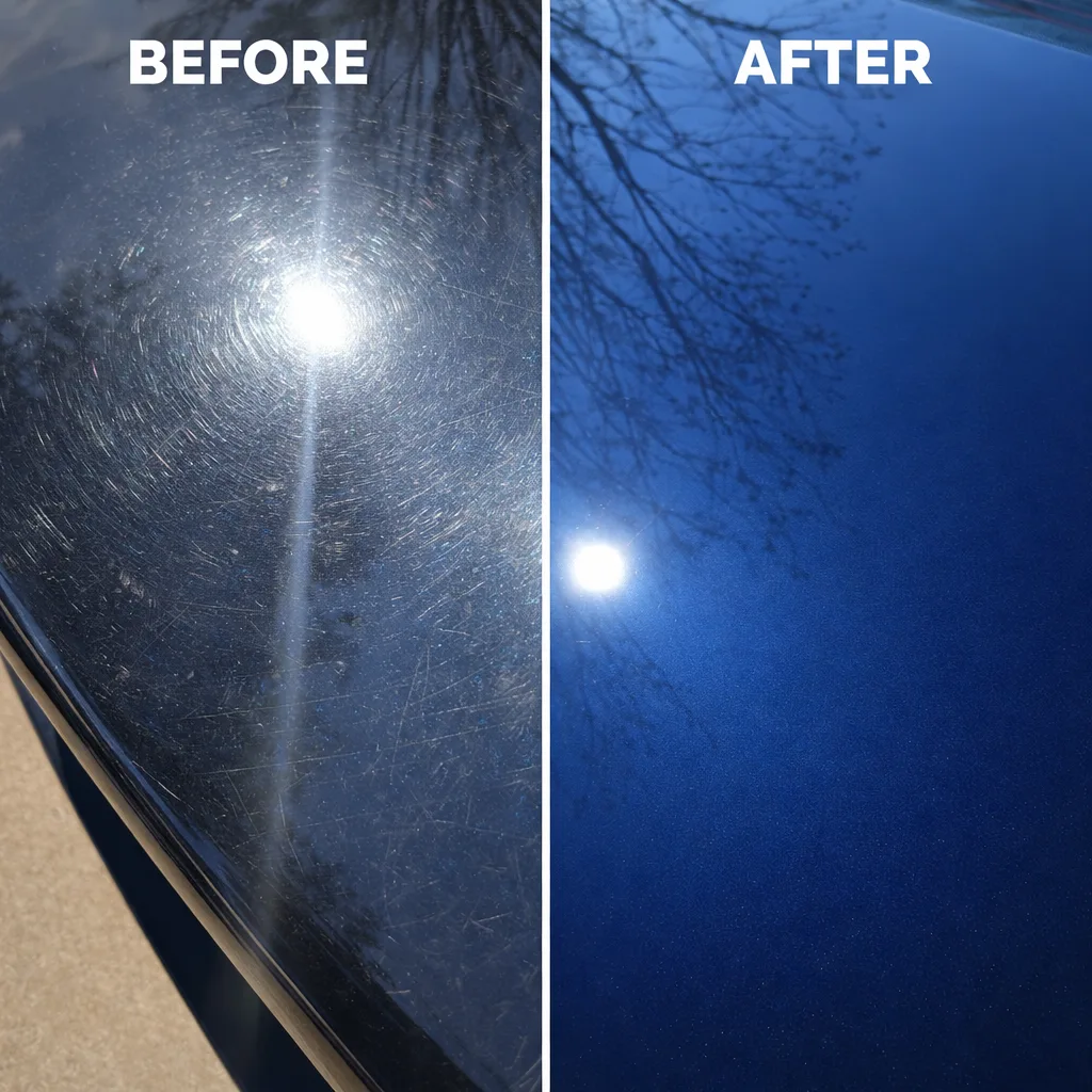 Paint correction transformation showing improved finish on black exterior