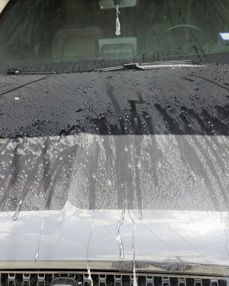 Water beading and sheeting off a coated black hood during a rinse
