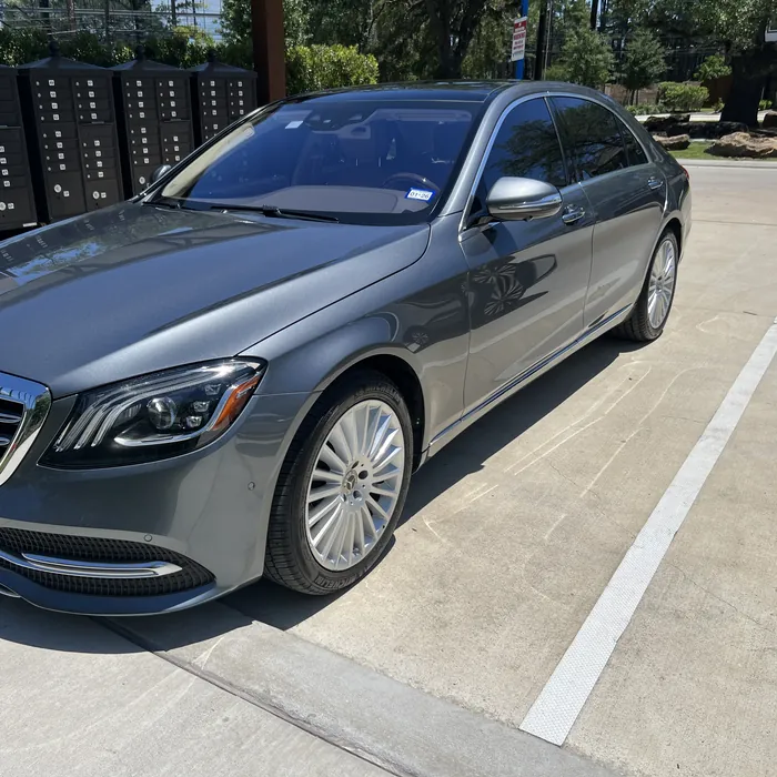 Gray Mercedes-Benz S-Class after a detail, in a parking space