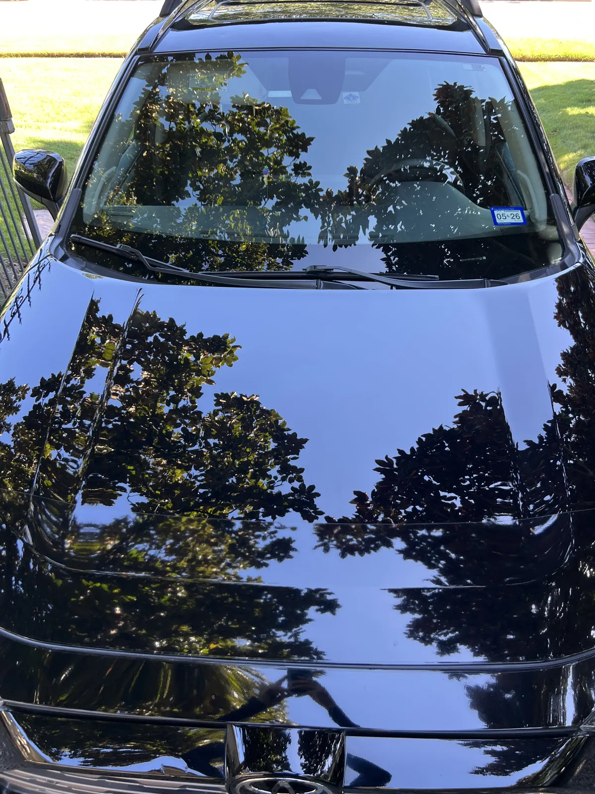 Corrected black Toyota RAV4 hood showing clear tree reflections after paint correction