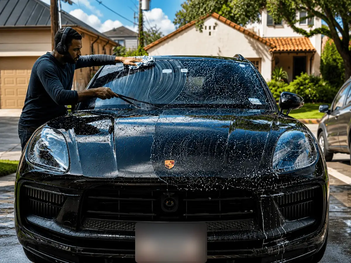 Azul detailer hand-washing a black Porsche Macan in a Houston driveway